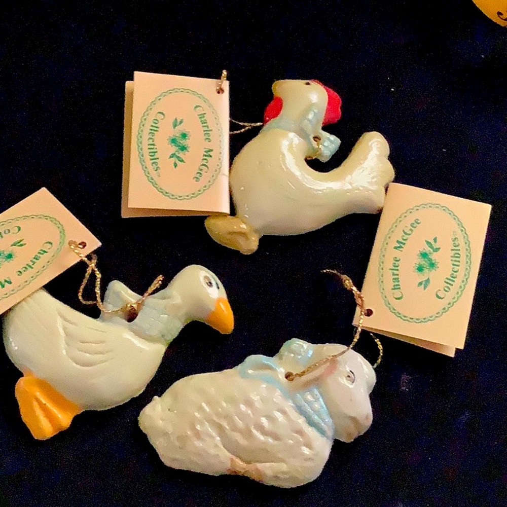 Charlee McGEE 1982 ornaments Christmas animals duck chicken lamb vintage ceramic